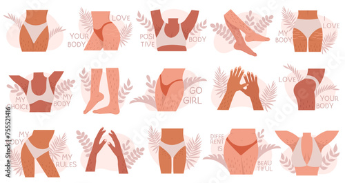 Woman hair body positive set with female legs, hands with unshaved hairy vector illustration