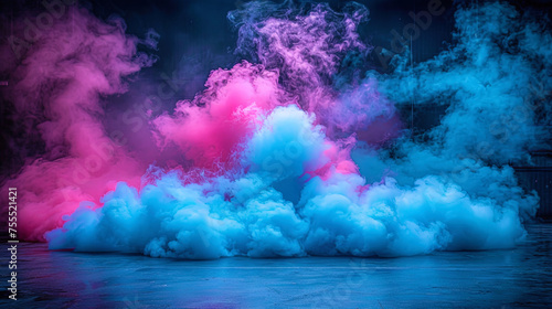 Blue and pink smoke swirling in dark water surface