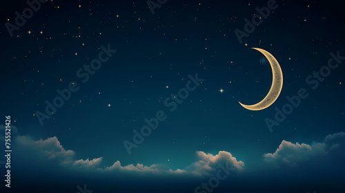 Starry night with glowing islamic crescent moon, Ramadan