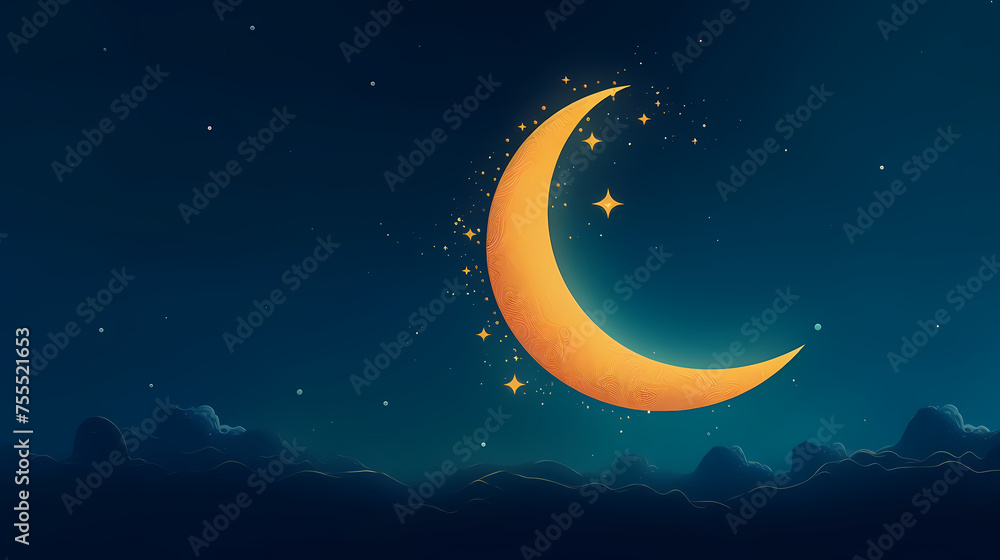 Starry night with glowing islamic crescent moon, Ramadan Starry night with glowing islamic crescent moon, Ramadan