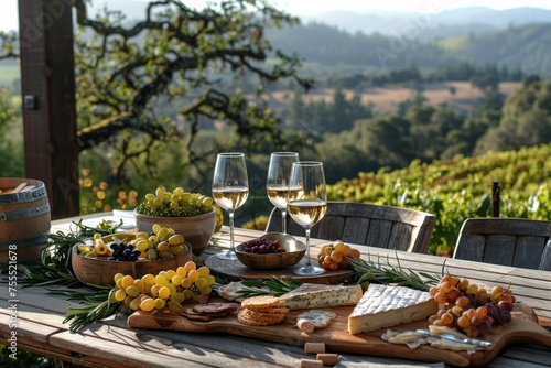 A sun-drenched vineyard patio with glasses of chilled white wine, platters of artisanal cheeses, and panoramic views of the countryside. 