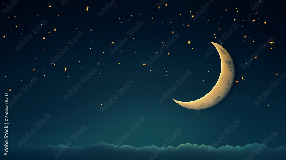 Naklejka premium Starry night with glowing islamic crescent moon, Ramadan