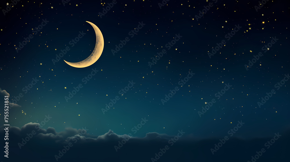 Starry night with glowing islamic crescent moon, Ramadan Starry night with glowing islamic crescent moon, Ramadan