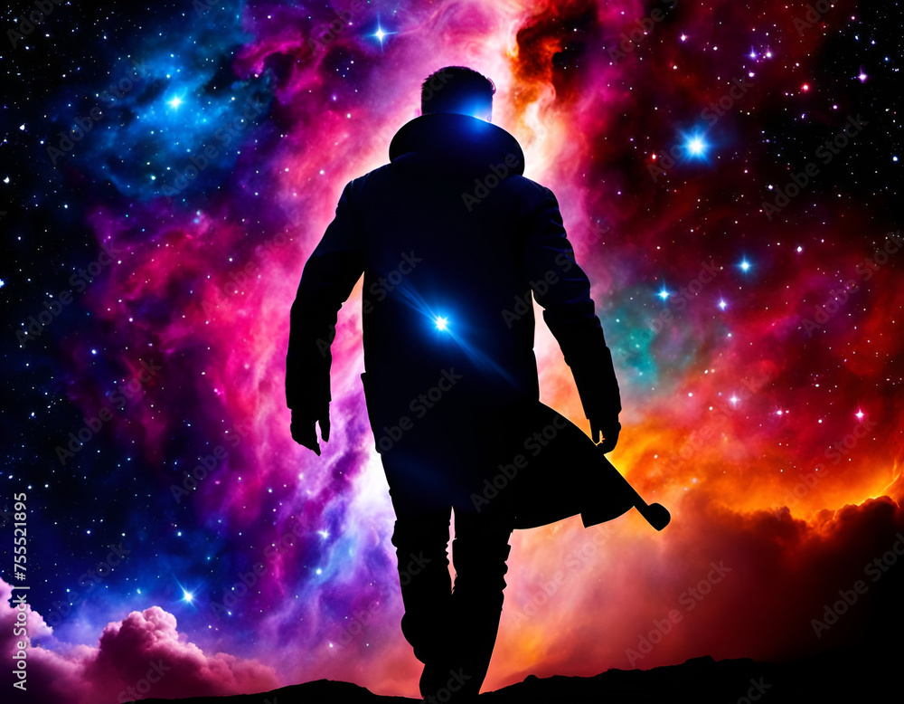 Man facing endless universe with sparkling stars, galaxies, and nebulas in outer space. Amazing Cosmos Background. Digital illustration. CG Artwork Background