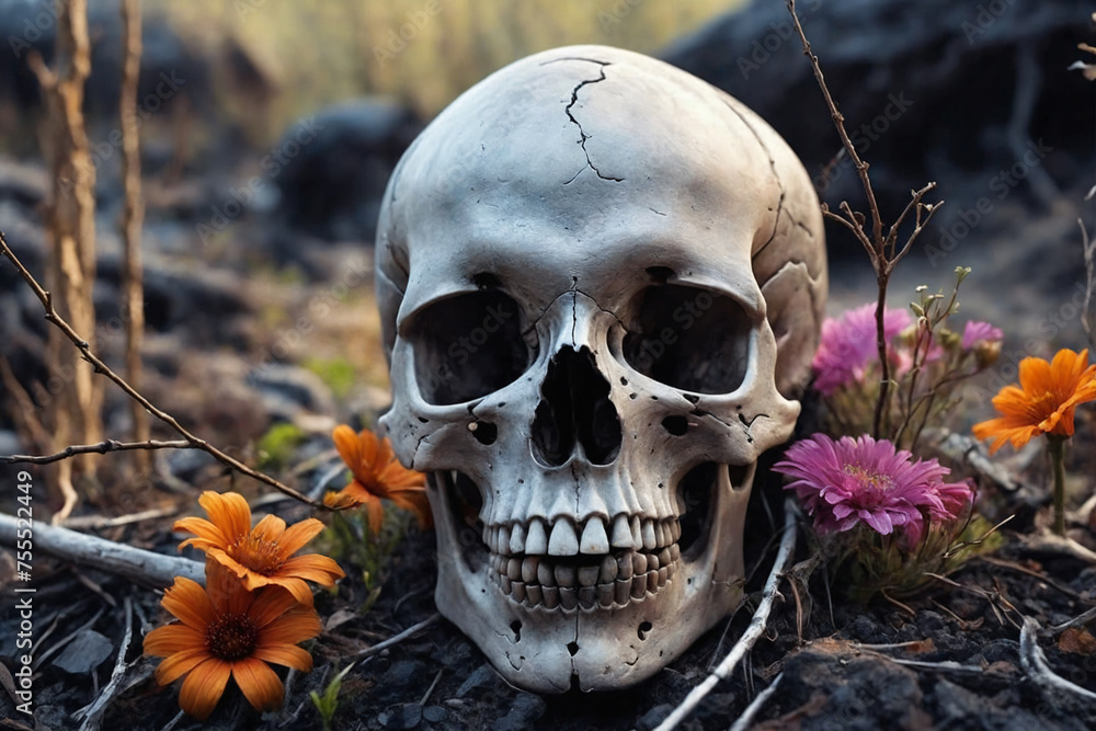 Vivd flowers growing near a skull in a dark forest