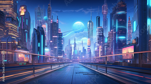 A futuristic cityscape with giant holograms