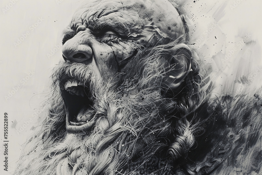 Monochrome painting of a roaring bearded man with expressive strokes