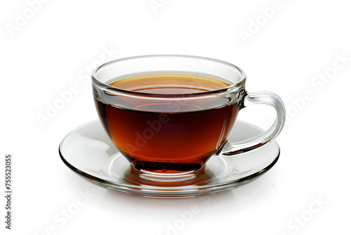 Glass cup of hot aromatic black tea isolated on white background