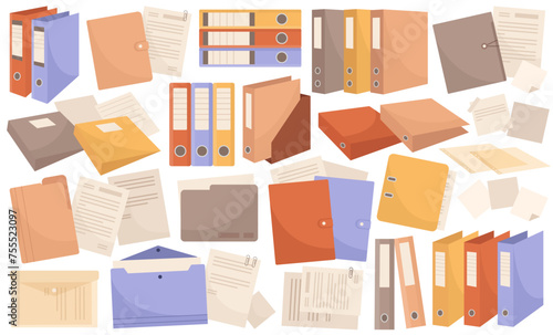 Office paper documents, archives and folders stack, pile storage isolated set vector illustration