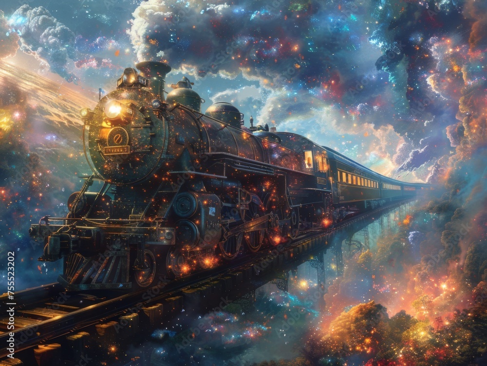 A mystical train through dimensions, passengers with magical abilities portals to fantastic realms