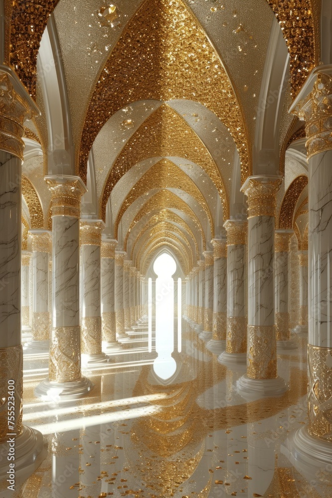 Decorated mosque marble columns on the top with like golden palm in corridor without people inside