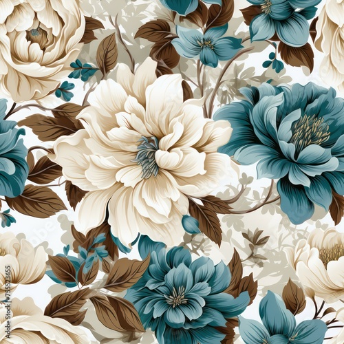 Seamless beautiful decorative beige and white flowers pattern background