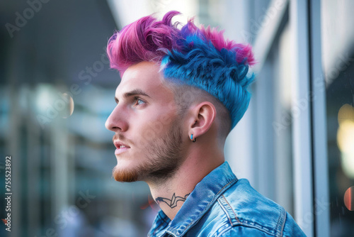 A side profile of a person displayed a dynamic and artistically colored hairdo against a modern cityscape