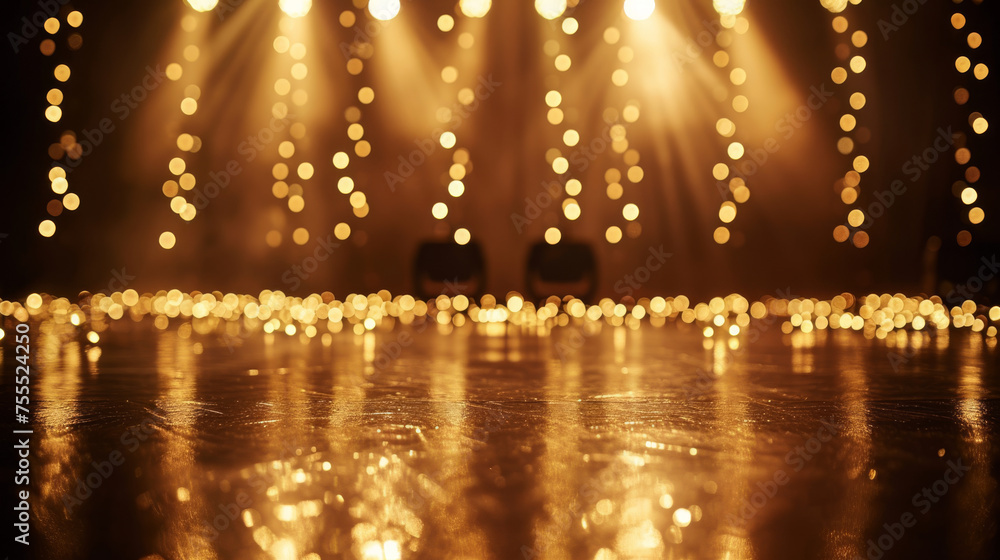 Naklejka premium Abstract stage lights, glares, and golden glitter lights create a captivating ambiance on the floor, adding a touch of glamour and intrigue to the scene.
