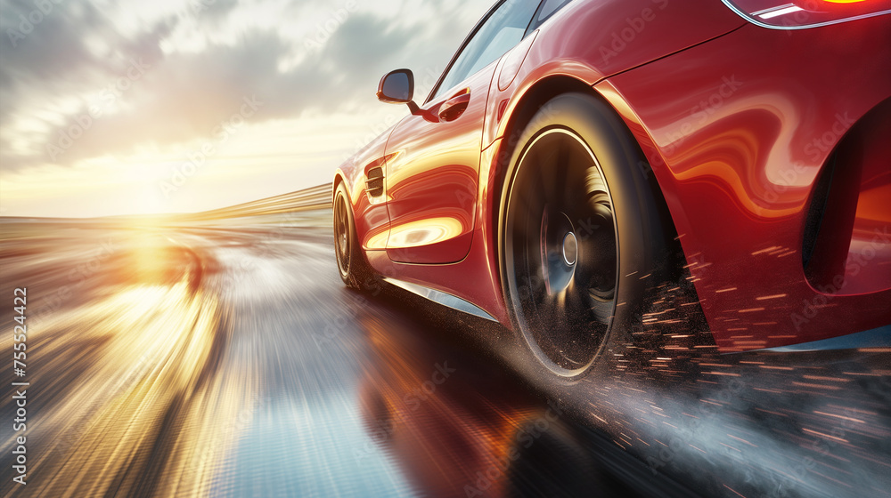 Super car on the road with speed motion blur background.