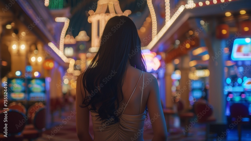 A woman in a white dress walking through an arcade, AI