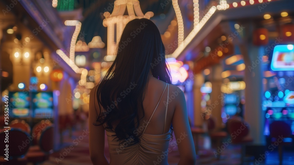 A woman in a white dress walking through an arcade, AI A woman in a white dress walking through an arcade, AI
