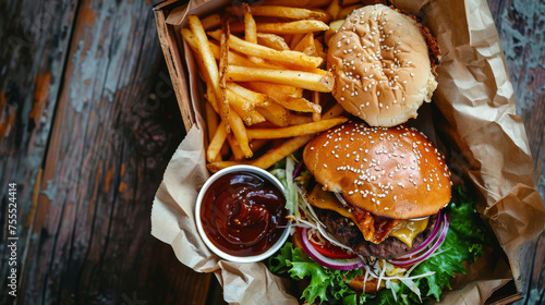 A tantalizing spread of a classic hamburger, crispy fries, assorted dipping sauces, and crunchy chips is artfully presented on a rustic wooden surface.