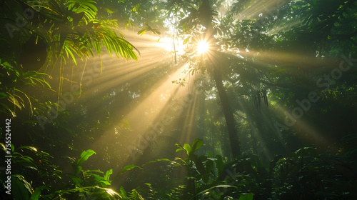 Sunlight streaming through the dense canopy of a rainforest background photo