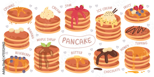 Pancakes stacks with different topping and various sweet addition isolated set vector illustration © Mykola Syvak