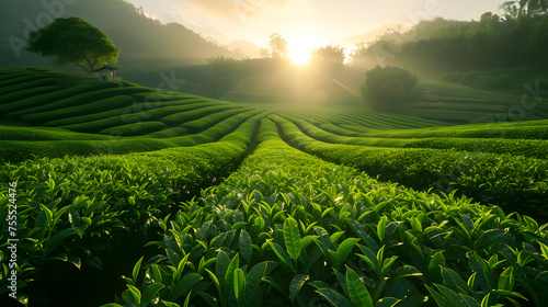 Sunlight filtering through rows of tea plants background photo