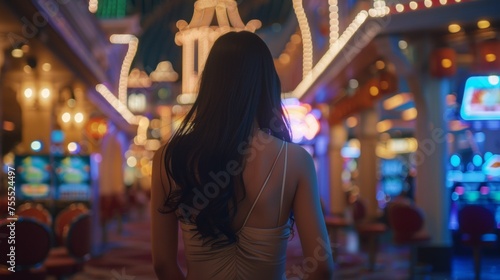 A woman in a white dress walking through an arcade, AI