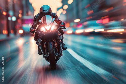 Motorcycle rider riding fast on the street with speed motion blur background. Superbike photo