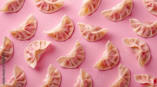 A bunch of dumplings are arranged on a pink background, AI