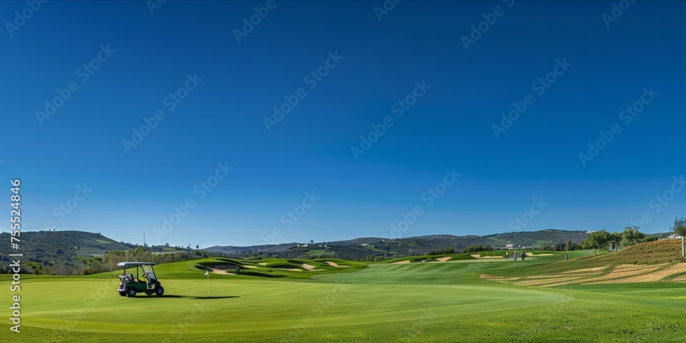 Golf course with a golf cart and players in the distance under a clear blue sky.
