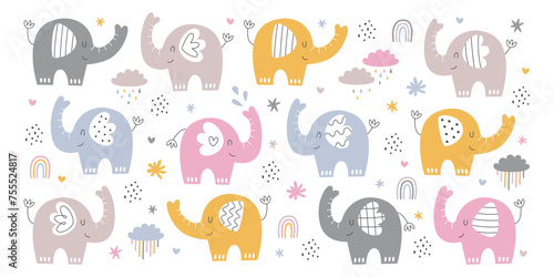 Photography Cute handdrawn elephant childish animal doodle characters and decorative element