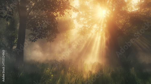 Sunlight streaming through foggy mist, creating an ethereal atmosphere during sunrise in the forest.