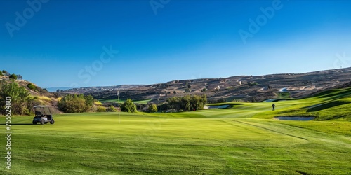 Golf course with a golf cart and players in the distance under a clear blue sky.