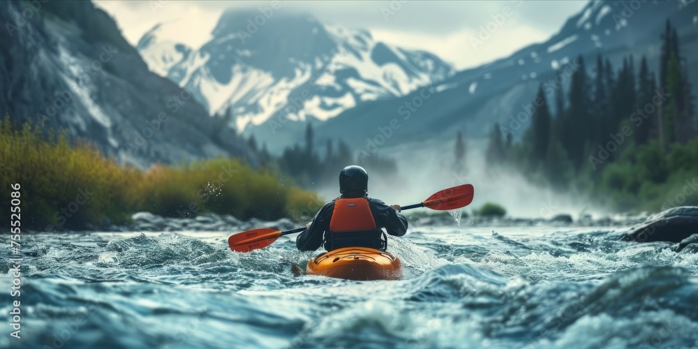 Person kayaking through turbulent river rapids with mountainous scenery.