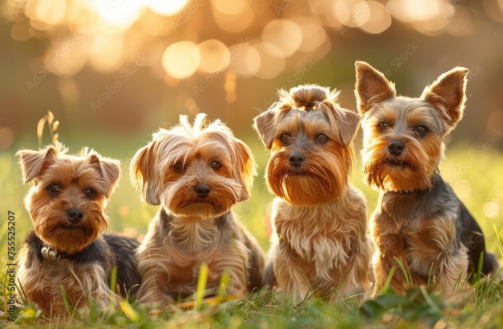 Sunset Symphony: A Charming Quintet of Yorkshire Terriers in Evening Glow - Generative AI - obrazy, fototapety, plakaty 