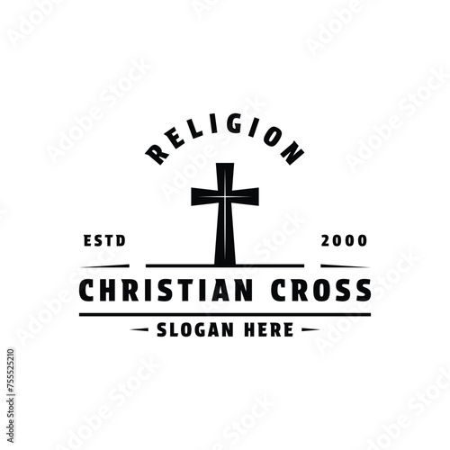 christian cross religion logo design vintage reto style