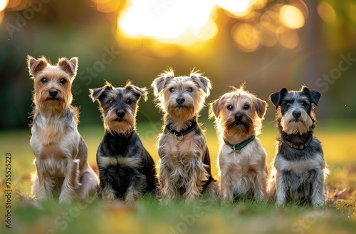 Golden Hour Grace: Five Yorkshire Terriers Poised in Serene Sunset Splendor - Generative AI
