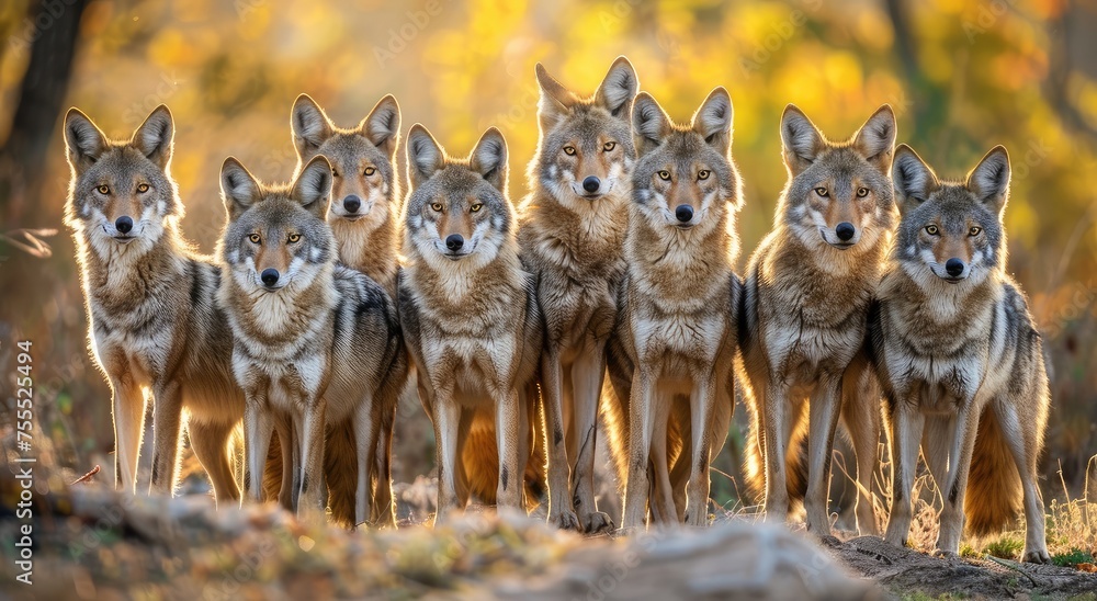 Fototapeta premium Forest Guardians: Majestic Coyote Pack Gathered in Autumn's Golden Twilight - Generative AI