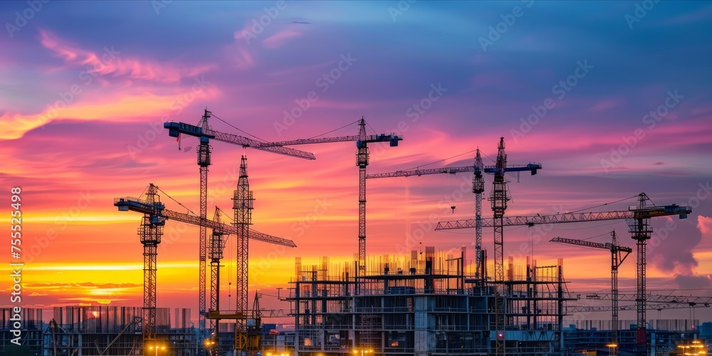Construction site of a modern building at sunset with cranes.