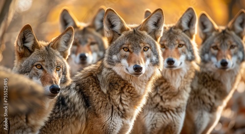 Forest Guardians: Majestic Coyote Pack Gathered in Autumn's Golden Twilight - Generative AI © Gelpi