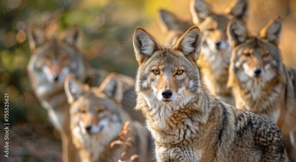 Forest Guardians: Majestic Coyote Pack Gathered in Autumn's Golden Twilight - Generative AI Forest Guardians: Majestic Coyote Pack Gathered in Autumn's Golden Twilight - Generative AI