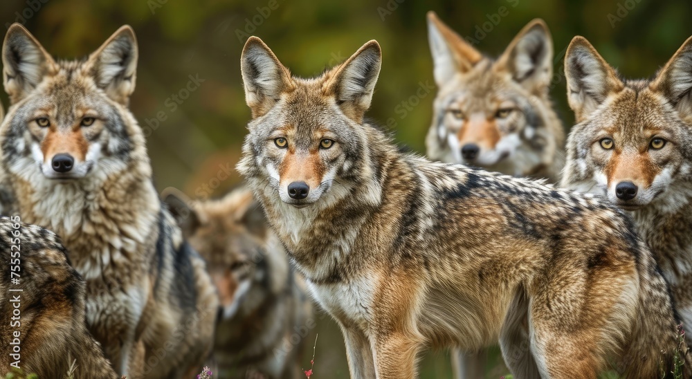 Obraz premium Forest Guardians: Majestic Coyote Pack Gathered in Autumn's Golden Twilight - Generative AI