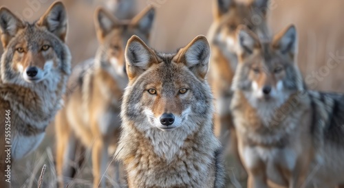 Forest Guardians: Majestic Coyote Pack Gathered in Autumn's Golden Twilight - Generative AI