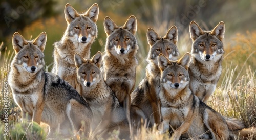 Forest Guardians: Majestic Coyote Pack Gathered in Autumn's Golden Twilight - Generative AI © Gelpi