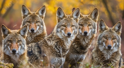 Forest Guardians  Majestic Coyote Pack Gathered in Autumn s Golden Twilight - Generative AI