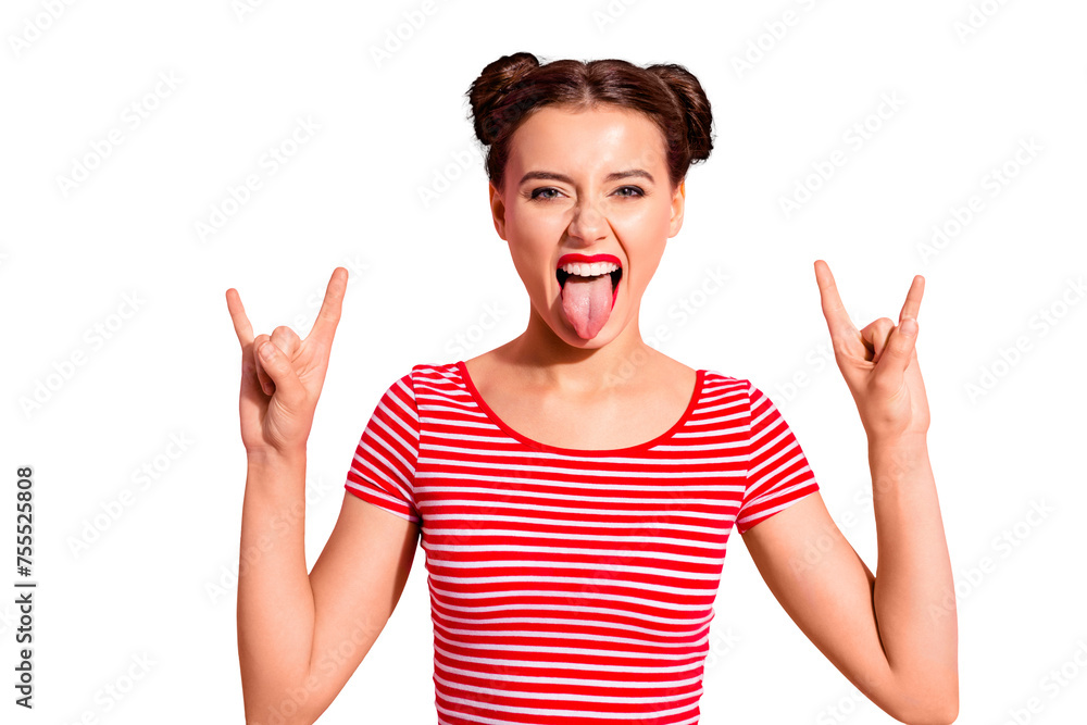Close up photo beautiful carefree she her lady pretty hairdo two buns red pomade lips tongue out mouth rocker gesture enjoy concert wear casual striped red white t-shirt isolated pink background Close up photo beautiful carefree she her lady pretty hairdo two buns red pomade lips tongue out mouth rocker gesture enjoy concert wear casual striped red white t-shirt isolated pink background