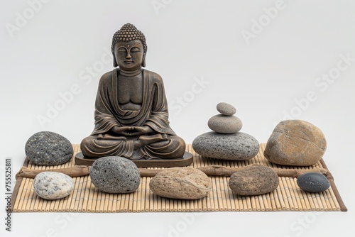 Buddha statue and zen stones isolated on white background.