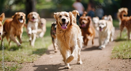 Euphoric Escape: Energetic Golden Retrievers Reveling in a Sunny Park Run - Generative AI