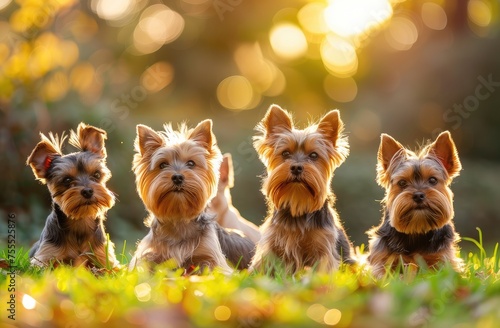 Twilight Quintet: A Charming Lineup of Yorkshire Terriers Enjoying Golden Hour - Generative AI