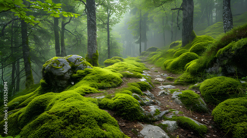 Moss-covered rocks and tree trunks in a magical forest background