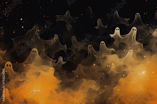 Halloween abstract background with flying ghosts on a black background.